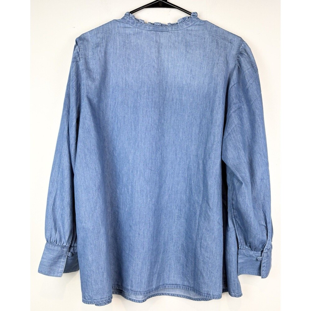 J Jill Denim Blouse XL Long Sleeve Cotton High Neck Office Career Chambray Blue - Picture 7 of 9